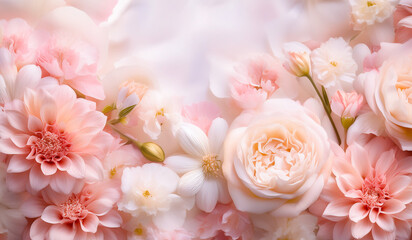 Soft pink flowers with golden buds on a soft pink background. Floral backgrounds