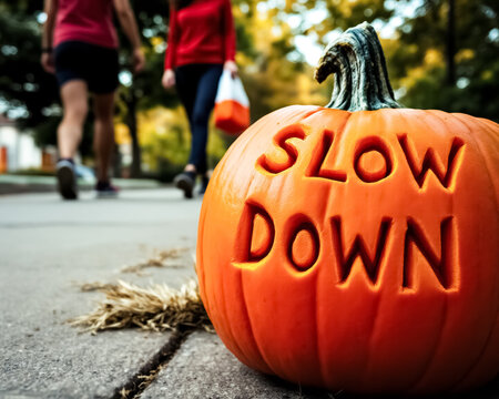 carved pumpkin with the words slow down sits on a sidewalk with pedestrians walking in the background