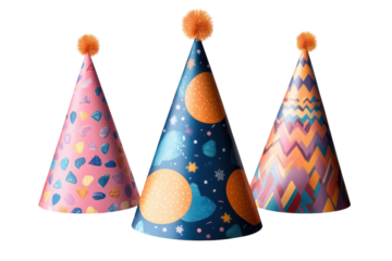 Colorful party hats in various designs ready for a celebration or festive gathering