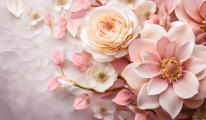 White and soft pink flowers with pink leaves on a soft pink background. Floral backgrounds