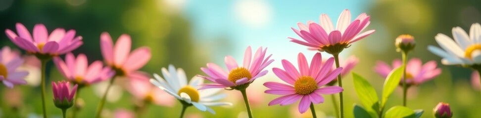 Fototapeta premium Innocent daisies from a low angle perspective, beauty, cute, white