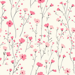 Delicate floral pattern featuring pink flowers on light background, perfect for fabric or wallpaper design. soft colors and intricate details create charming and serene atmosphere