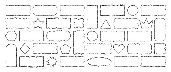 Set of Jagged Rectangle shapes. Outline Black grunge frames. Textured abstract element bundle for collage, text box, banner, sticker. Vector illustration isolated on white background.