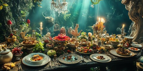 Enchanted forest feast.  A magical table laden with delectable food, shimmering lights, and mystical ambiance.