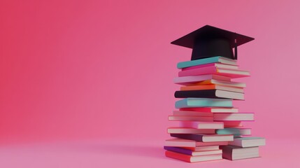 Graduation cap on books, pink background