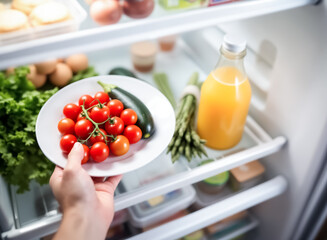 hand selecting fresh cherry tomatoes and zucchini from a refrigerator