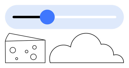 Slider with circular handle in blue, outlined cheese wedge, and cloud shape. Ideal for user interface, customization, simplicity, options, preferences creativity and minimalism. Flat simple
