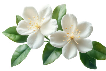 Fototapeta premium White jasmine flowers bloom gracefully with lush green leaves in a serene setting