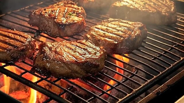 Saftige Steaks mit Grillmuster auf hei&szlig;em Rost