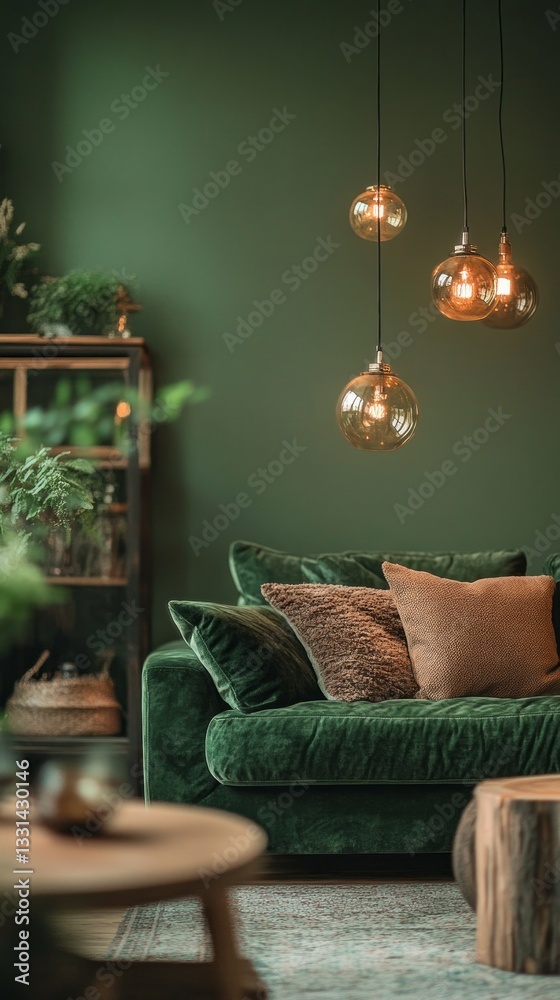 Poster A stylish living room features a plush green sofa adorned with an array of textured pillows. Warm, pendant lights enhance the cozy atmosphere, complemented by decorative plants