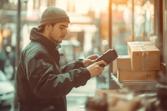 A young man in a beanie scans packages with a handheld device, possibly a barcode scanner or label printer, amidst a stack of cardboard boxes.