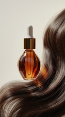 Naklejka premium Amber glass dropper bottle of cosmetic serum rests on a brown faux fur fabric against a beige background. Soft, warm lighting enhances the product.