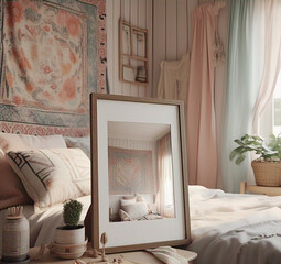 Mockup frame in bedroom interior background, light bohemian room, 3d render