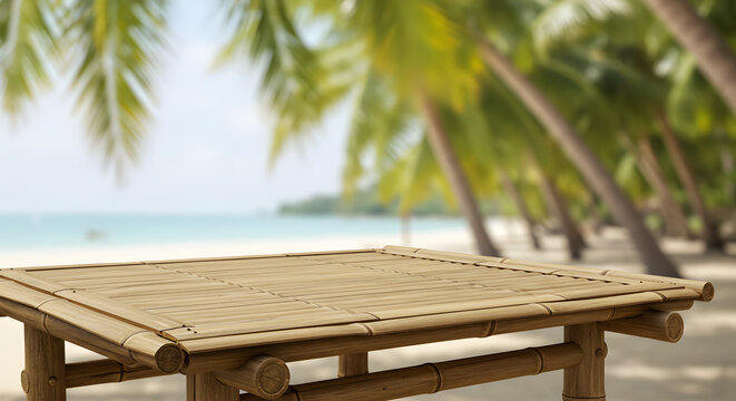  Table rustique en bambou avec une vue en flou doux sur la plage et les palmiers ondulants, parfaite pour une ambiance estivale, les repas en plein air, une escapade tropicale et un style de vie