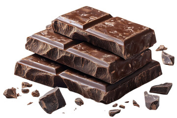 Delicious dark chocolate bars stacked with chunks scattered around