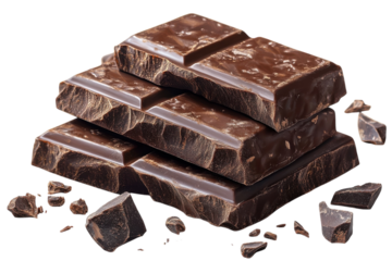 Delicious dark chocolate bars stacked with chunks scattered around