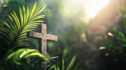 A wooden cross stands among lush green palm leaves, illuminated by warm sunlight, symbolizing faith, hope, and Easter celebration.
