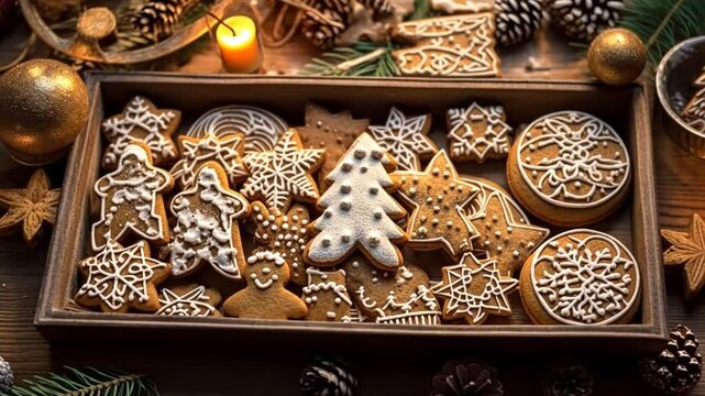 Leckere Weihnachtskekse mit Verzierung auf Holzplatte