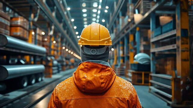 Arbeiter mit Helm in einer riesigen Industriehalle