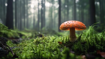 Fototapeta premium A single mushroom growing in a mossy forest floor