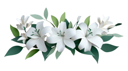 Bouquet of elegant white lilies with green leaves on transparent background