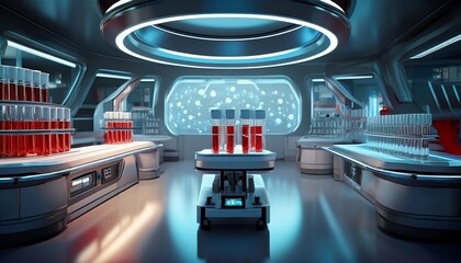 3D render of blood sample analysis in a futuristic laboratory setting, with advanced technology and glowing digital interfaces, showcasing a high-tech scientific environment.