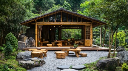 Naklejka premium A serene outdoor bamboo tea house surrounded by nature and tranquility