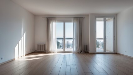 Obraz premium Bright and spacious empty room with panoramic windows and wooden flooring in a modern building during daytime