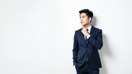 pensive young businessman in a navy blue suit thoughtfully contemplating against a bright white background.