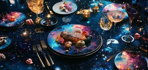 Cosmic culinary scene: Galaxy-themed dinner setting with gourmet food, elegant tableware, and sparkling drinks. Perfect for luxury, space, or fine dining concepts.