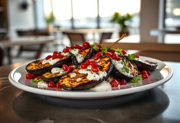 A plate of fresh grilled eggplant with pomegranate and feta cheese. Healthy food and lifestyle concept.
