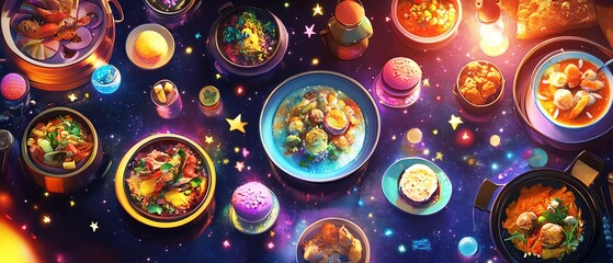 Cosmic culinary adventure! A vibrant, fantastical image of food floating in space, surrounded by planets and stars. Perfect for food blogs, restaurants, or space-themed projects.