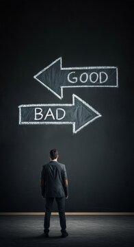 Man contemplating a decision between "Good" and "Bad" directions. Good choice and bad choice concept.