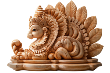 Intricate wooden sculpture depicting a Hindu deity in serene posture
