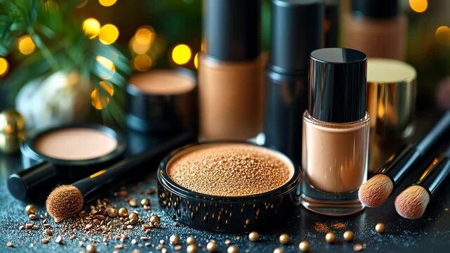 A collection of cosmetic products such as foundation and powder, with blurred Christmas lights in the background.