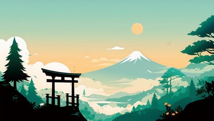 Japanese landscape with torii gate and Mount Fuji