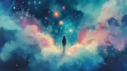 Obraz premium Woman Looking at Stars Above Clouds Illustration