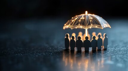 Cultivating psychological safety and trust collaborative coworkers under a glowing umbrella in a supportive environment