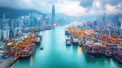 Naklejka premium Aerial view of a bustling harbor at twilight, numerous cargo ships and containers are illuminated, city skyline in the background.