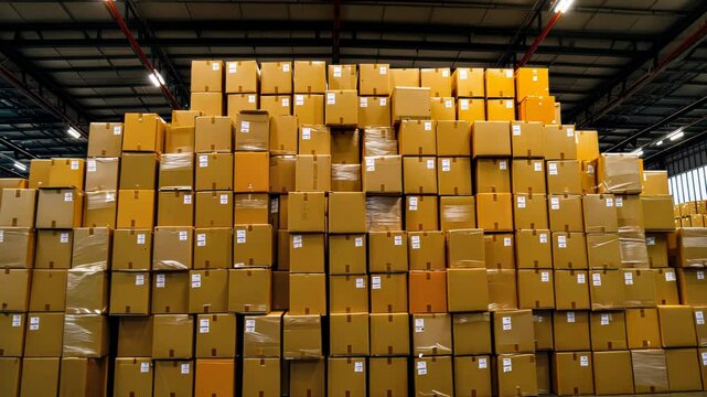 Large stacks of yellow boxes neatly arranged in a spacious warehouse, with bright lights illuminating the space.
