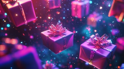 Floating gifts, neon lights, celebration, festive background, holiday marketing