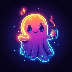 Fototapeta premium A sticker logo of a floating neon ghost holding a tiny potion bottle