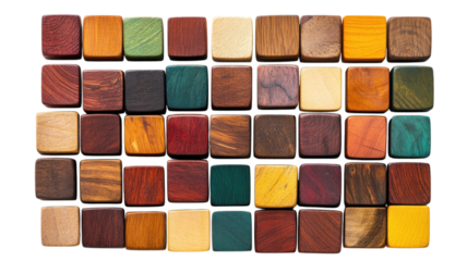Colorful wooden squares arranged in a symmetrical pattern for decorative and artistic purposes