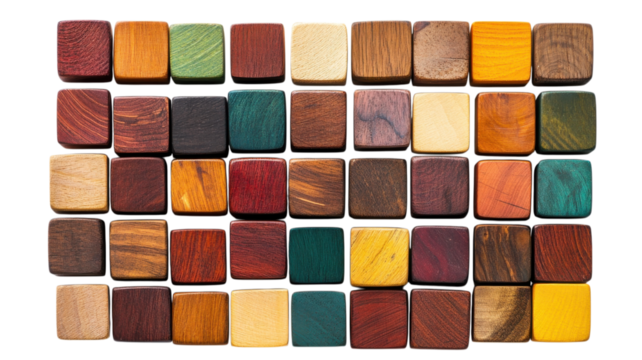 Colorful wooden squares arranged in a symmetrical pattern for decorative and artistic purposes