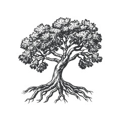 Detailed Black and White Illustration of a Tree with Roots