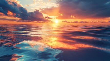 A breathtaking sunset over the ocean. The sun dips below the horizon, casting a warm glow across the water.