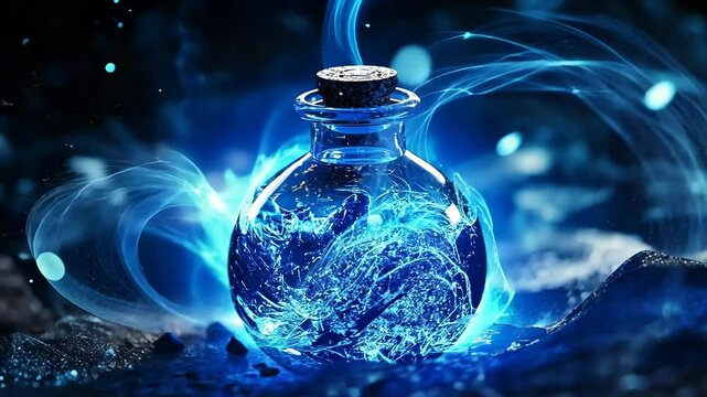 Vivid blue potion bottle surrounded by swirling energy on dark background in a magical setting