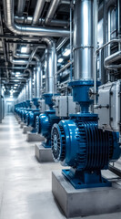 row of blue industrial pumps in a clean modern facility