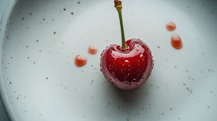 Single ripe red cherry with water droplets on a speckled off white plate, surrounded by small drops of cherry juice. High key lighting style.