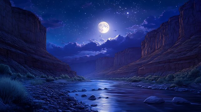 Moonlit Canyon River at Night